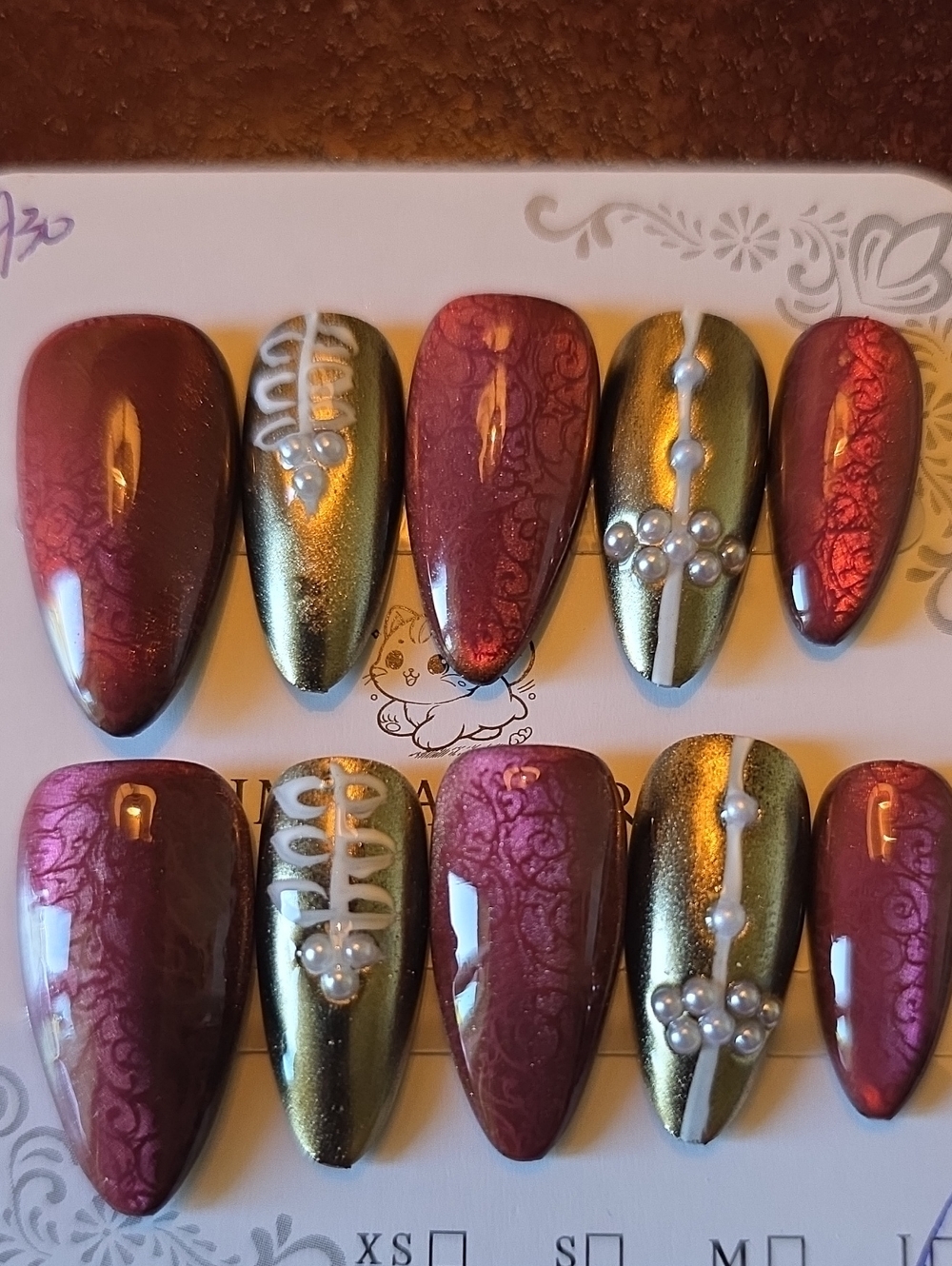 Red and Gold Magnetic Stiletto Press-On Nails with Pearl Accents Size Large